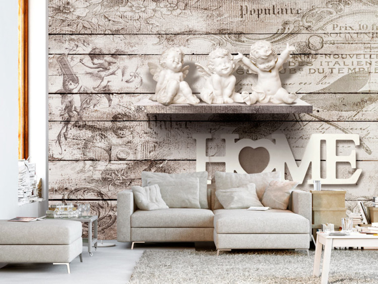 Photo Wallpaper Religious motif - angels on a background of textured wood planks with text 87827