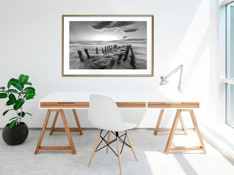 Wall Poster Song of the sea - black and white landscape of cloudy sky and pier against water 115137 additionalImage 13
