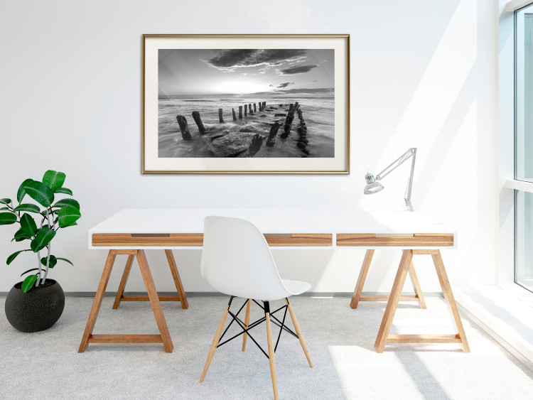 Wall Poster Song of the sea - black and white landscape of cloudy sky and pier against water 115137 additionalImage 21