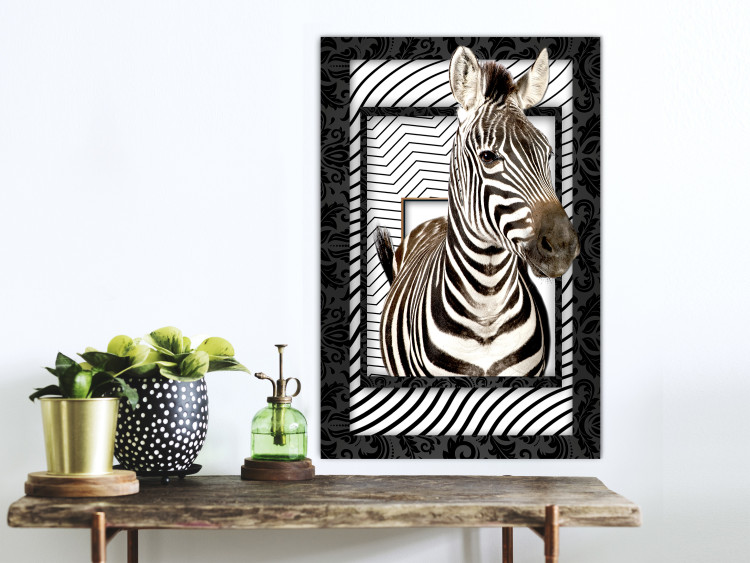 Poster Zebra - black and white composition with a striped mammal on a patterned background 116437 additionalImage 23