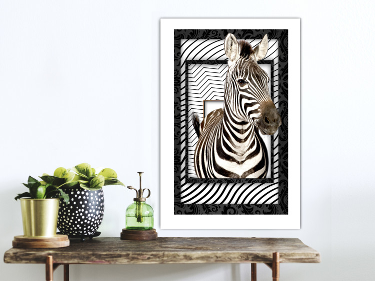 Poster Zebra - black and white composition with a striped mammal on a patterned background 116437 additionalImage 11