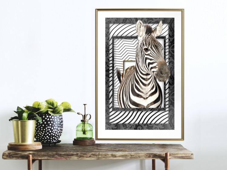 Poster Zebra - black and white composition with a striped mammal on a patterned background 116437 additionalImage 13