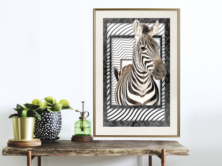 Poster Zebra - black and white composition with a striped mammal on a patterned background 116437 additionalImage 21