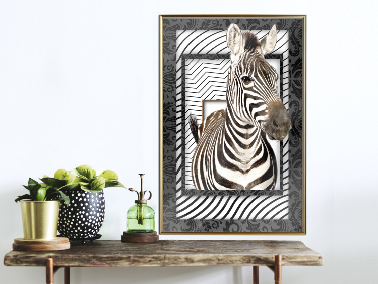 Poster Zebra - black and white composition with a striped mammal on a patterned background 116437 additionalImage 11