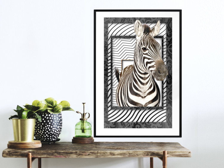 Poster Zebra - black and white composition with a striped mammal on a patterned background 116437 additionalImage 10