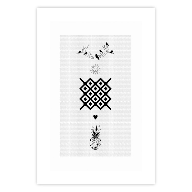 Poster Happiness - black and white composition with tropical fruit and birds 117337 additionalImage 19