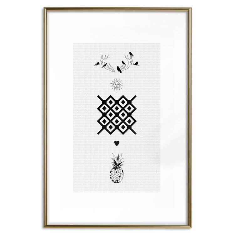 Poster Happiness - black and white composition with tropical fruit and birds 117337 additionalImage 14