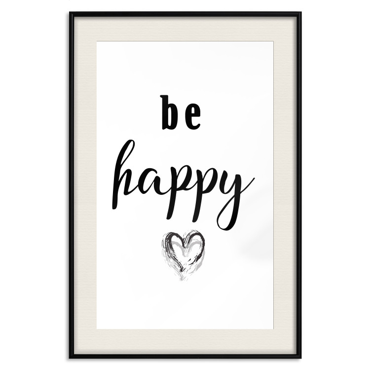Poster Be Happy - black and white composition with English inscriptions and a heart 117937 additionalImage 18