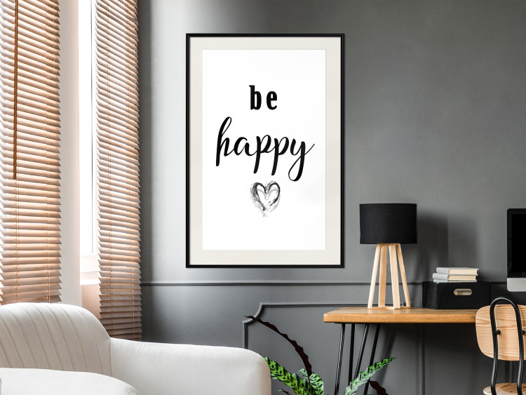 Poster Be Happy - black and white composition with English inscriptions and a heart 117937 additionalImage 22