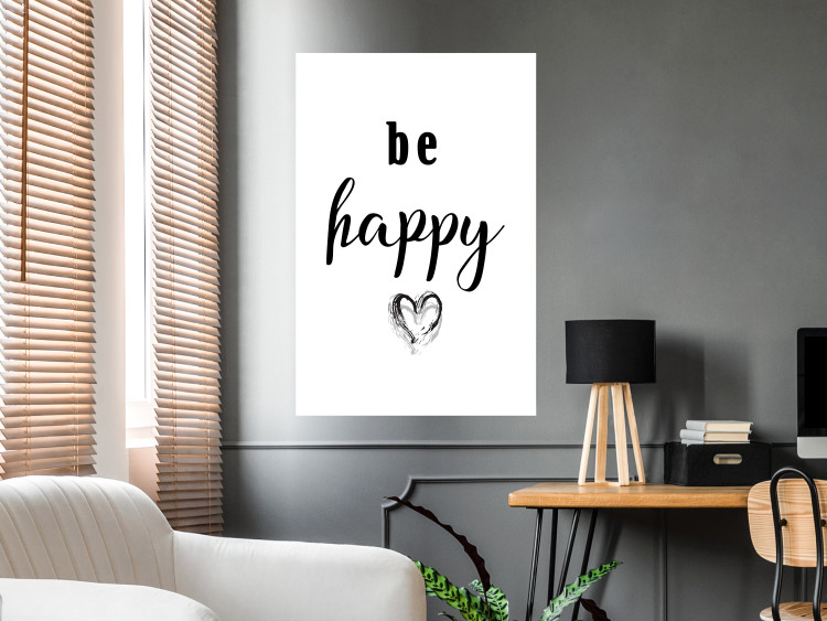 Poster Be Happy - black and white composition with English inscriptions and a heart 117937 additionalImage 23