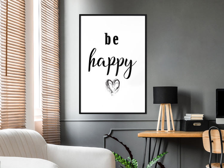 Poster Be Happy - black and white composition with English inscriptions and a heart 117937 additionalImage 5