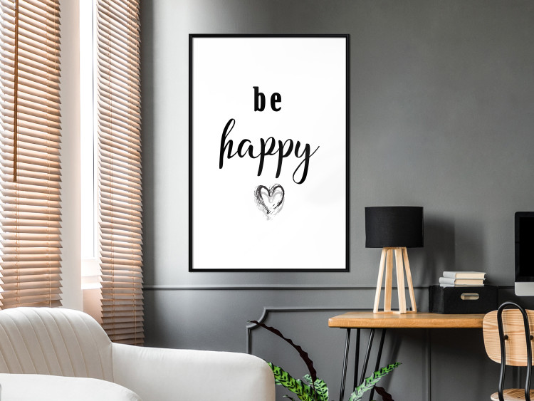 Poster Be Happy - black and white composition with English inscriptions and a heart 117937 additionalImage 6