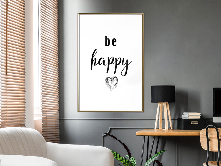 Poster Be Happy - black and white composition with English inscriptions and a heart 117937 additionalImage 15