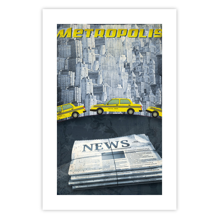 Poster Metropolis - newspapers with captions and yellow cars against skyscrapers 123637 additionalImage 19