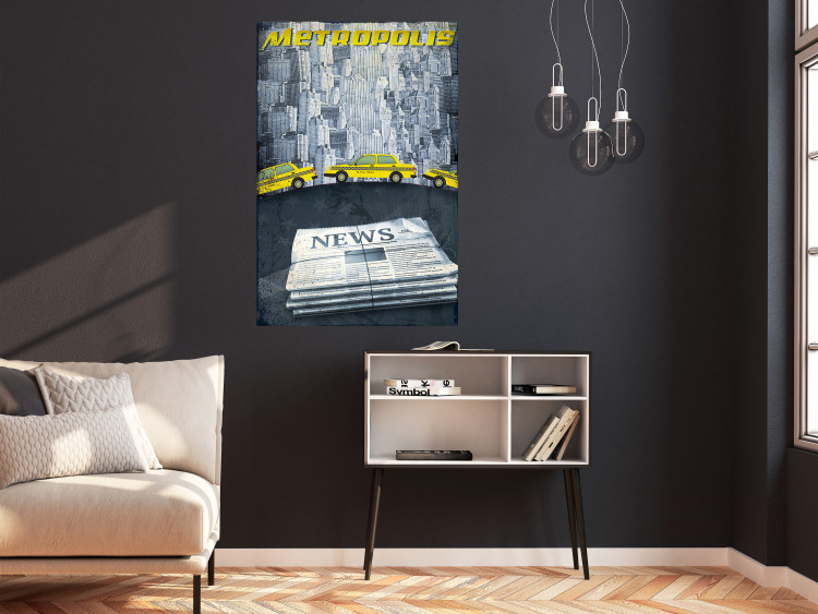 Poster Metropolis - newspapers with captions and yellow cars against skyscrapers 123637 additionalImage 23