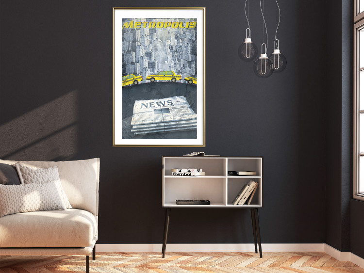 Poster Metropolis - newspapers with captions and yellow cars against skyscrapers 123637 additionalImage 15