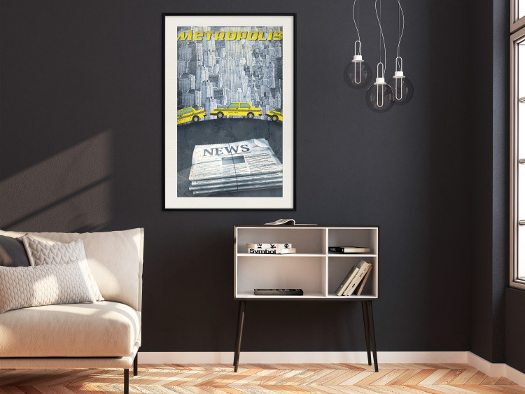 Poster Metropolis - newspapers with captions and yellow cars against skyscrapers 123637 additionalImage 22