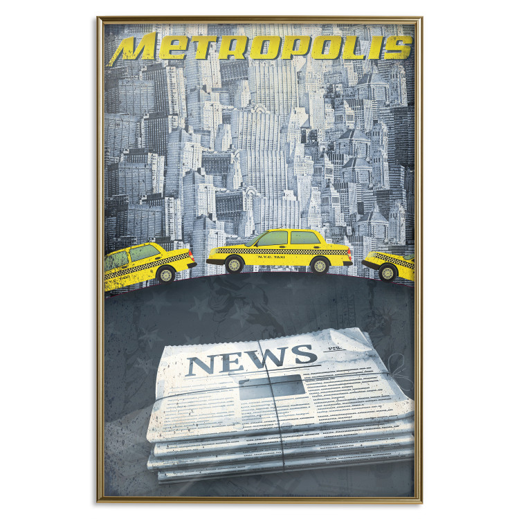 Poster Metropolis - newspapers with captions and yellow cars against skyscrapers 123637 additionalImage 20
