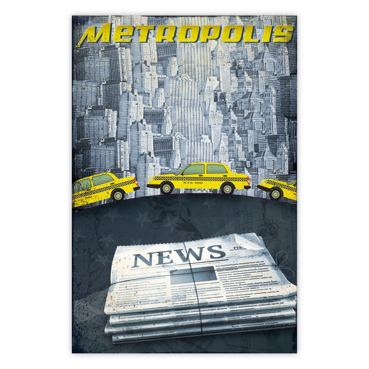 Poster Metropolis - newspapers with captions and yellow cars against skyscrapers 123637