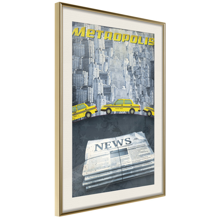 Poster Metropolis - newspapers with captions and yellow cars against skyscrapers 123637 additionalImage 2