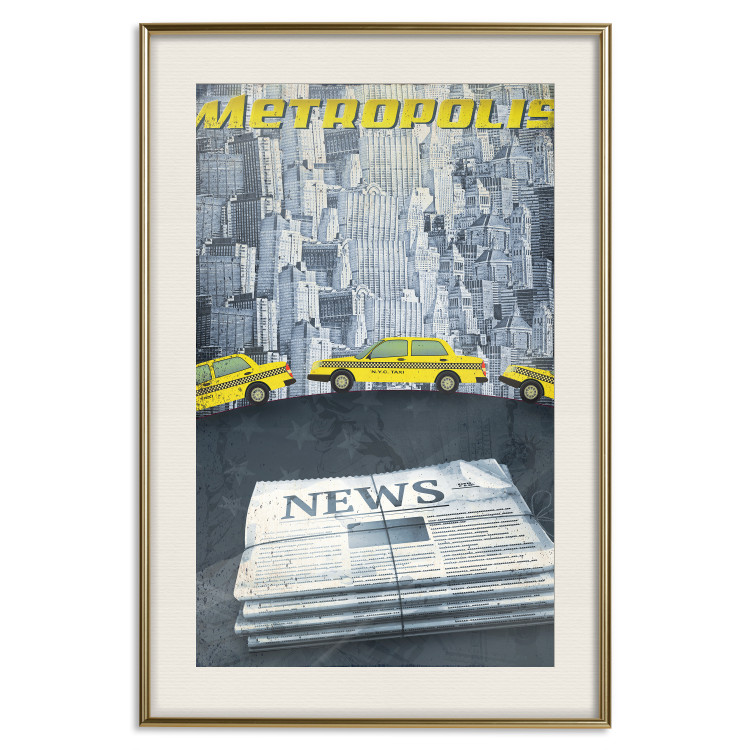 Poster Metropolis - newspapers with captions and yellow cars against skyscrapers 123637 additionalImage 19