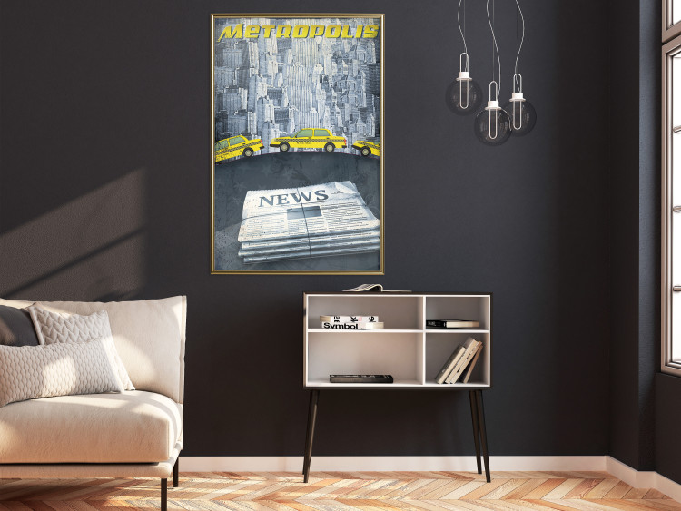 Poster Metropolis - newspapers with captions and yellow cars against skyscrapers 123637 additionalImage 7