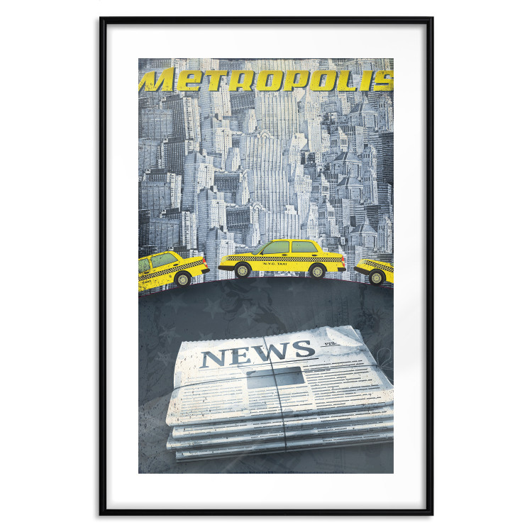 Poster Metropolis - newspapers with captions and yellow cars against skyscrapers 123637 additionalImage 15
