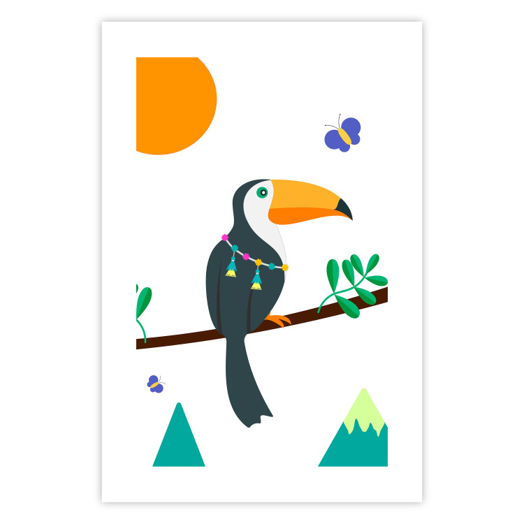 Poster Toucan and Butterflies - amusing parrot with colorful necklace on white background 123737 additionalImage 21