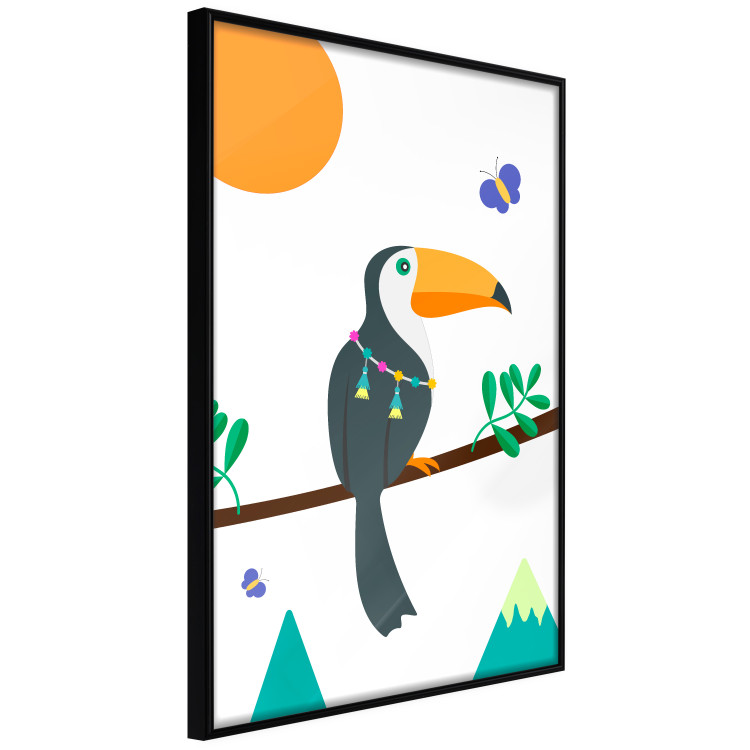 Poster Toucan and Butterflies - amusing parrot with colorful necklace on white background 123737 additionalImage 12