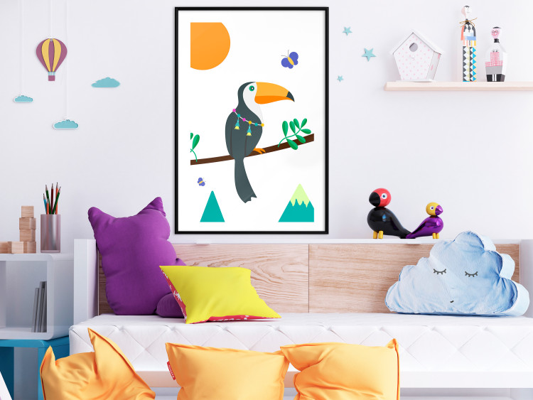 Poster Toucan and Butterflies - amusing parrot with colorful necklace on white background 123737 additionalImage 6