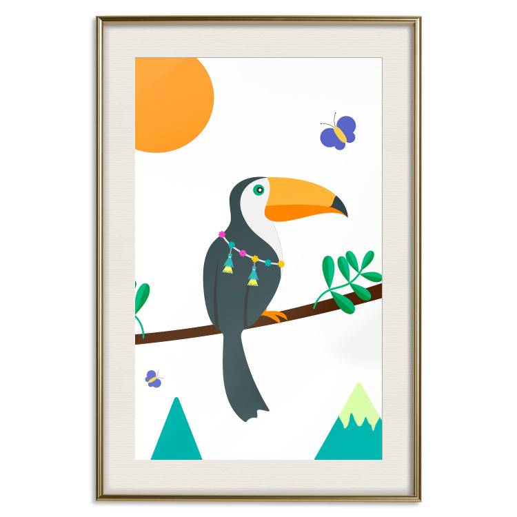 Poster Toucan and Butterflies - amusing parrot with colorful necklace on white background 123737 additionalImage 27