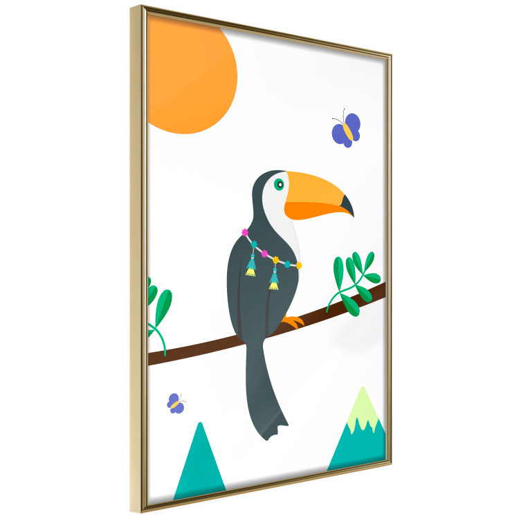 Poster Toucan and Butterflies - amusing parrot with colorful necklace on white background 123737 additionalImage 14