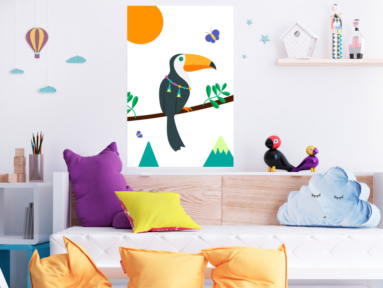 Poster Toucan and Butterflies - amusing parrot with colorful necklace on white background 123737 additionalImage 20