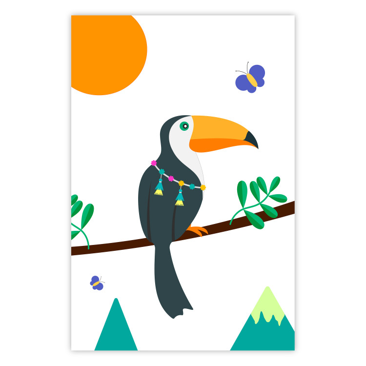 Poster Toucan and Butterflies - amusing parrot with colorful necklace on white background 123737