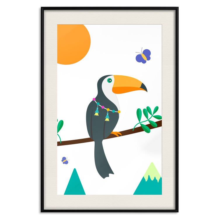 Poster Toucan and Butterflies - amusing parrot with colorful necklace on white background 123737 additionalImage 19
