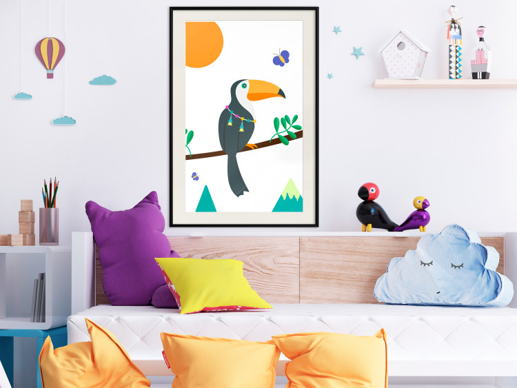 Poster Toucan and Butterflies - amusing parrot with colorful necklace on white background 123737 additionalImage 23