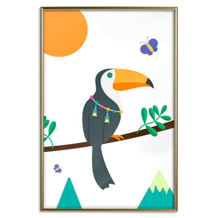 Poster Toucan and Butterflies - amusing parrot with colorful necklace on white background 123737 additionalImage 16