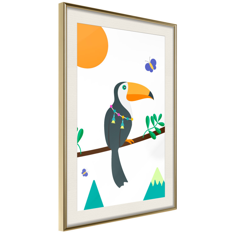 Poster Toucan and Butterflies - amusing parrot with colorful necklace on white background 123737 additionalImage 2