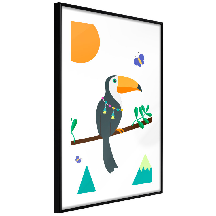 Poster Toucan and Butterflies - amusing parrot with colorful necklace on white background 123737 additionalImage 11