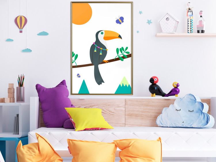 Poster Toucan and Butterflies - amusing parrot with colorful necklace on white background 123737 additionalImage 7
