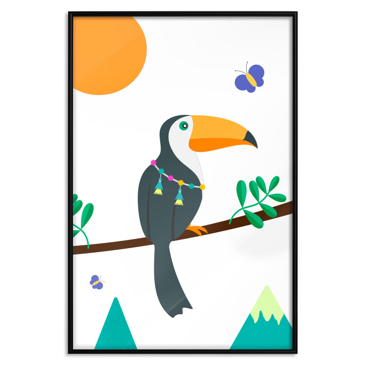 Poster Toucan and Butterflies - amusing parrot with colorful necklace on white background 123737 additionalImage 15