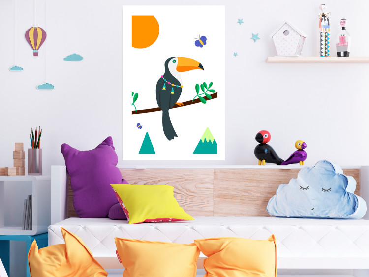Poster Toucan and Butterflies - amusing parrot with colorful necklace on white background 123737 additionalImage 4