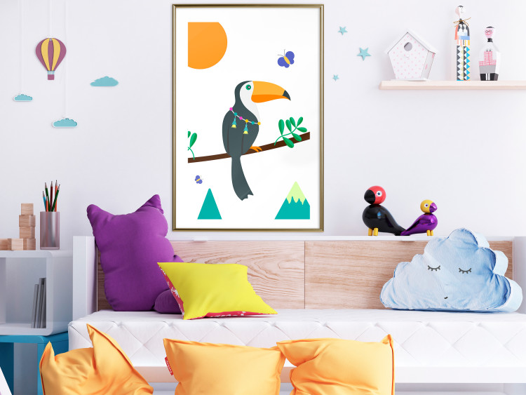 Poster Toucan and Butterflies - amusing parrot with colorful necklace on white background 123737 additionalImage 13