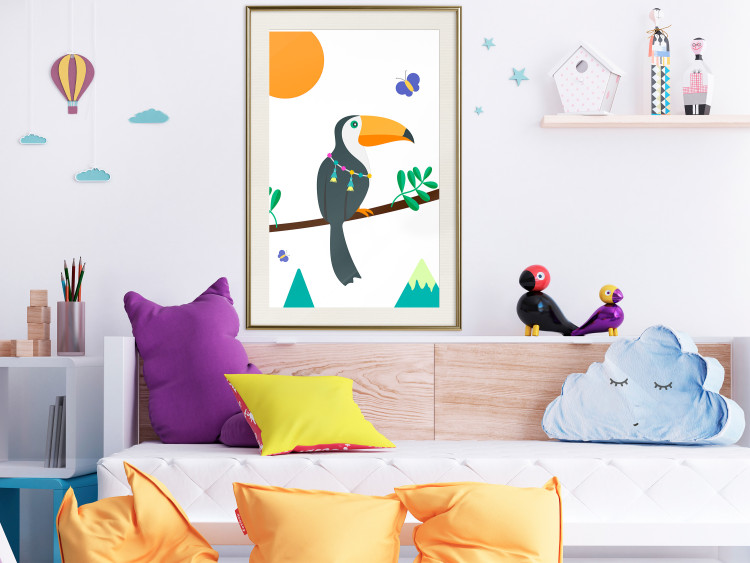Poster Toucan and Butterflies - amusing parrot with colorful necklace on white background 123737 additionalImage 24