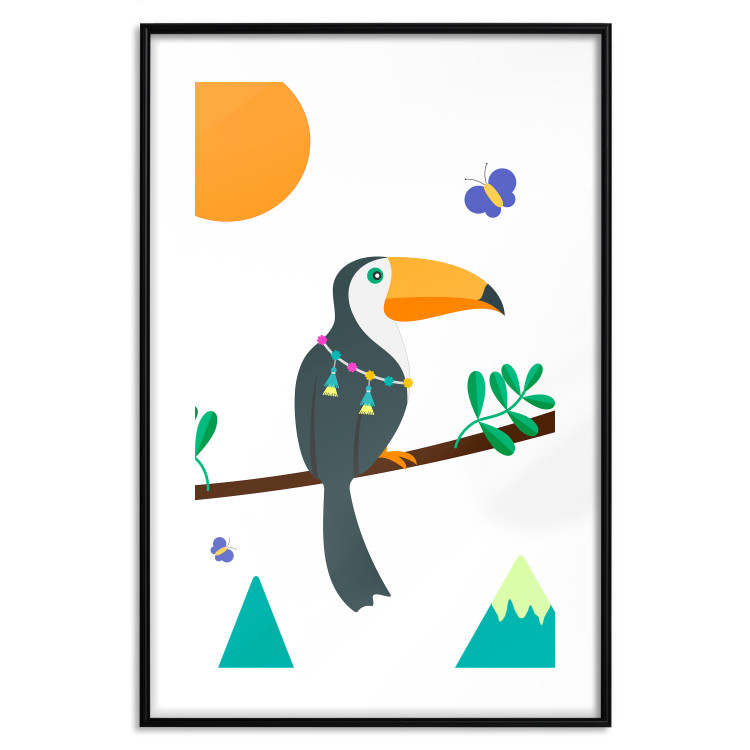 Poster Toucan and Butterflies - amusing parrot with colorful necklace on white background 123737 additionalImage 16