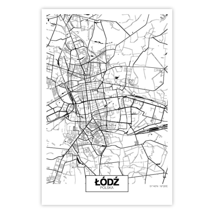 Poster City Map: Łódź - black and white map of Polish city with labels 123837