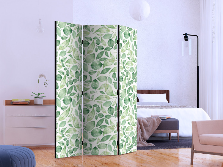 Room Divider Screen Natural Beauty (3-piece) - pattern of green leaves on light background 124237 additionalImage 2