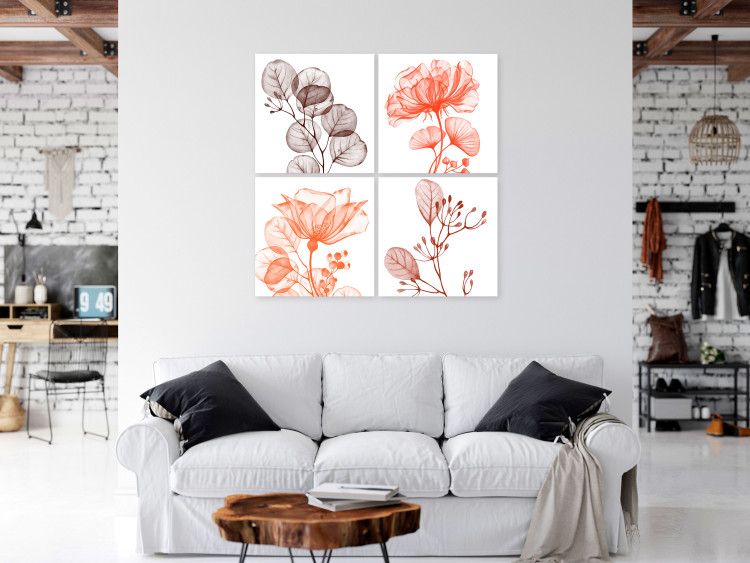 Canvas Art Print Four flowers with leaves - four-part composition on white background 126537 additionalImage 3