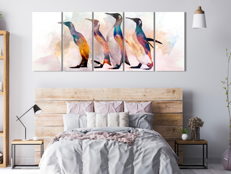 Canvas Print Penguin Wanderings (5-part) narrow - colorful birds on a light background 127537 additionalImage 3