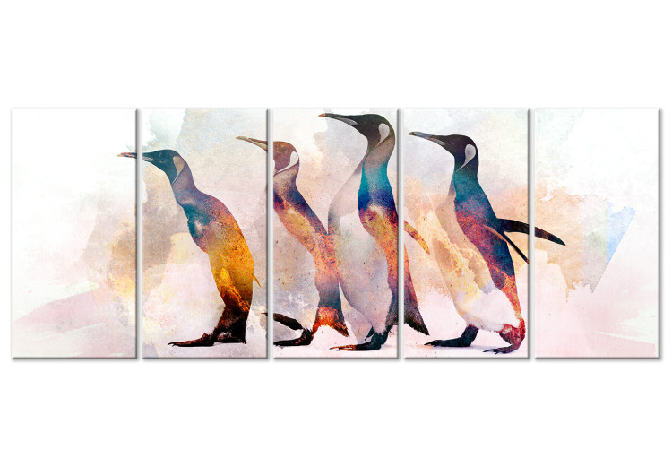Canvas Print Penguin Wanderings (5-part) narrow - colorful birds on a light background 127537